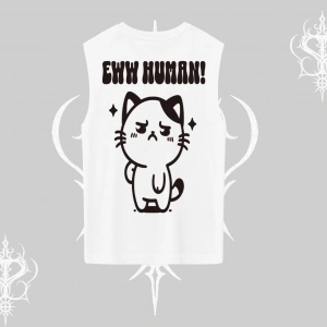 Sevimli Kedi Çizimli Arka Baskılı Kolsuz Tshirt