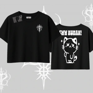 Sevimli Kedi Çizimli Arka Baskılı Oversize Crop Tshirt