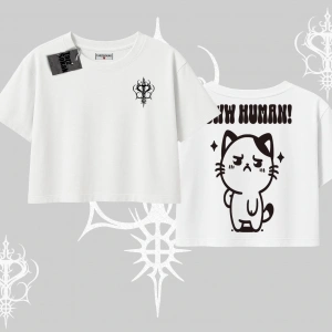 Sevimli Kedi Çizimli Arka Baskılı Oversize Crop Tshirt