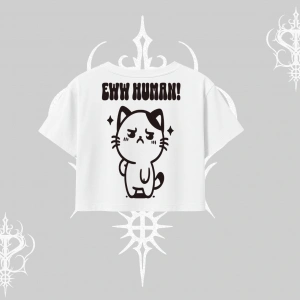 Sevimli Kedi Çizimli Arka Baskılı Oversize Crop Tshirt