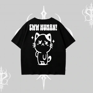 Sevimli Kedi Çizimli Arka Baskılı Oversize Tshirt