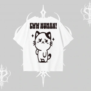 Sevimli Kedi Çizimli Arka Baskılı Oversize Tshirt