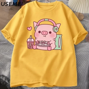 Sevimli Küçük Domuzcuk Gamer Kulaklıklar ile TErkek Kadın Rahat Kısa Kollu Moda Ekip  3033