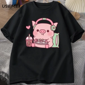 Sevimli Küçük Domuzcuk Gamer Kulaklıklar ile TErkek Kadın Rahat Kısa Kollu Moda Ekip 3033