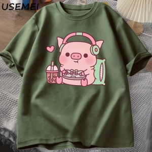 Sevimli Küçük Domuzcuk Gamer Kulaklıklar ile TErkek Kadın Rahat Kısa Kollu Moda Ekip  3033