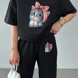 Sevimli Minik Kedi Eşofman Altı Ve T-shirt - Jogger Tişört Alt Üst Eşofman Takımı B