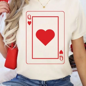 SHEIN MOOSTA Sevgililer Günü Kırmızı Kalp Baskılı Kısa Kollu Günlük Tişört