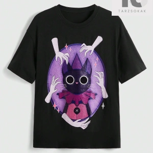 SICKYLL Bayanlar Karikatür Kedi Baskı Kısa Kollu Tişört