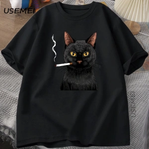Sigara Kedi T-Shirt Erkekler Komik Y2K Vintage Trendy Streetweed Grafik T Shirt Sinirli Kedi 2840
