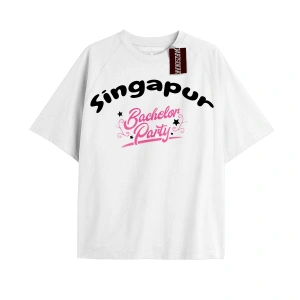 SINGAPUR BACHELOR PARTY Unisex Oversize Yazılı Tshirt BEYAZ