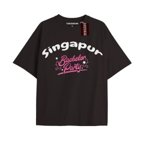 SINGAPUR BACHELOR PARTY Unisex Oversize Yazılı Tshirt SİYAH