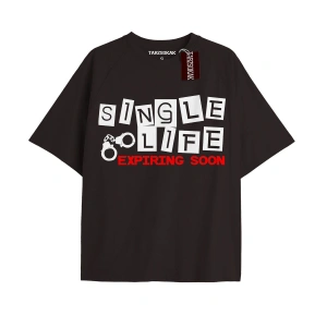 SINGLE LIFE Unisex Oversize Yazılı Tshirt SİYAH