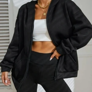 Siyah 2 ip Örme Kumaş Kapüşonlu Fermuarlı Sweatshirt