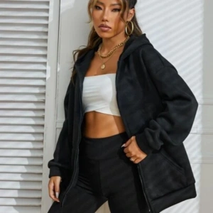 Siyah 2 ip Örme Kumaş Kapüşonlu Fermuarlı Sweatshirt