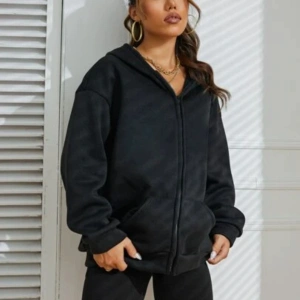 Siyah 2 ip Örme Kumaş Kapüşonlu Fermuarlı Sweatshirt