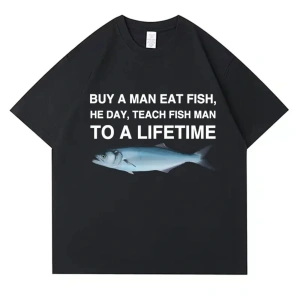 Siyah Bir Adam Balık Yiyin O Günü Balık Ömür Boyuna Öğretin Adam Komik Baskılı