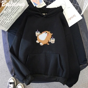 Siyah Boba Çay Hoodie Sevimli KöpekBüyük Boy Karikatür Hoodie Kawaii i K