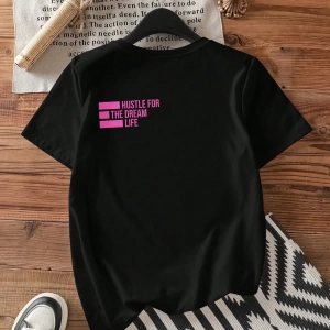 Siyah Büyük Boy Bol Kesim Hustle For The Dream Life Grafik Yuvarlak Yaka Kısa Koll