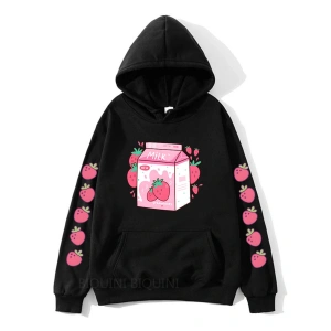 Siyah Çilek süt karikatürHoodies Kawaiiular