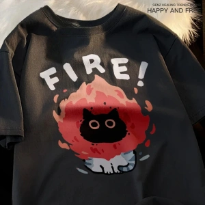 Siyah Eğlenceli ve Sevimli Kedi ve Köpek Desen Gevşek Tshirt Vintage Üst FemaleT-Shir