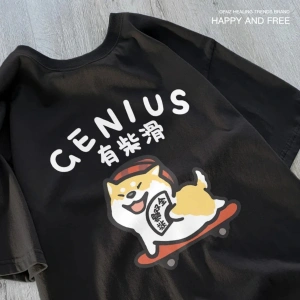 Siyah Eğlenceli ve Sevimli Kedi ve Köpek Desen Gevşek Tshirt Vintage Üst FemaleT-Shir