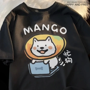 Siyah Eğlenceli ve Sevimli Kedi ve Köpek Desen Gevşek Tshirt Vintage Üst FemaleT-Shir