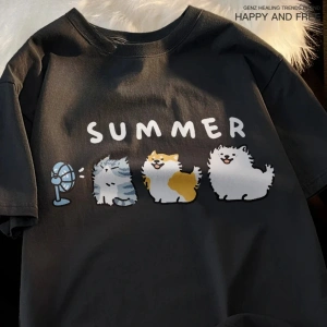 Siyah Eğlenceli ve Sevimli Kedi ve Köpek Desen Gevşek Tshirt Vintage Üst FemaleT-Shir