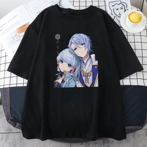 Siyah Genshin Etki Kamisato Ayato ve Ayakas Anime Baskı Tees ilkbahar Ya