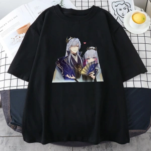 Siyah Genshin Etki Kamisato Ayato ve Ayakas Anime Baskı Tees ilkbahar Ya