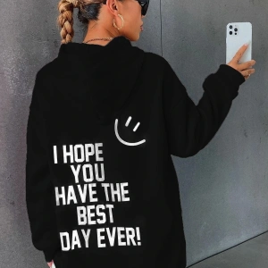 Siyah Happy Baskılı Oversize Kapüşonlu Sweatshirt