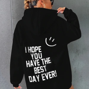Siyah Happy Baskılı Oversize Kapüşonlu Sweatshirt