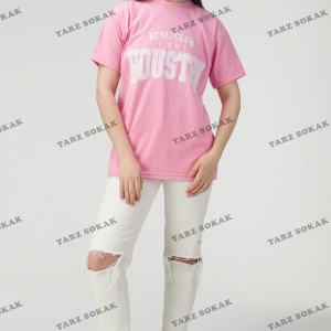 Siyah Houston Baskılı Oversize Kadın