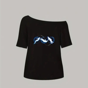 Siyah Kadın Düşük Omuz Kayık Yaka Baskılı