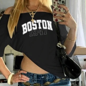 Siyah Kadın Düşük Omuz Kayık Yaka Bostan 1947 Baskılı