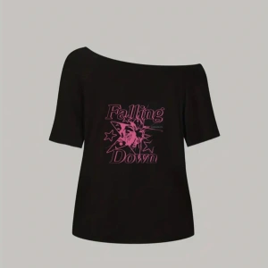 Siyah Kadın Düşük Omuz Kayık Yaka Falling Down Baskılı