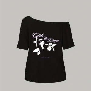 Siyah Kadın Düşük Omuz Kayık Yaka Girls Are Drugs Baskılı