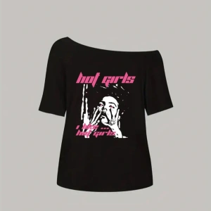 Siyah Kadın Düşük Omuz Kayık Yaka Hot Girls Baskılı