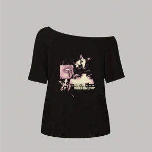 Siyah Kadın Düşük Omuz Kayık Yaka Miss Me When Baskılı