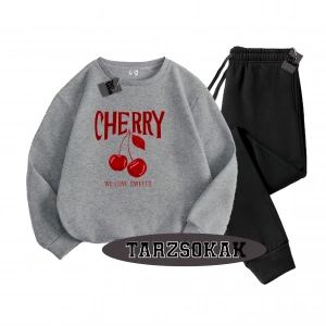 Siyah Kapşonlu Cherry Detaylı ikili TAKIM