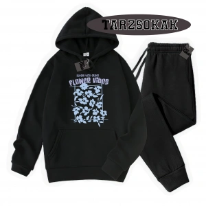 Siyah Kapşonlu Flower Detaylı ikili TAKIM