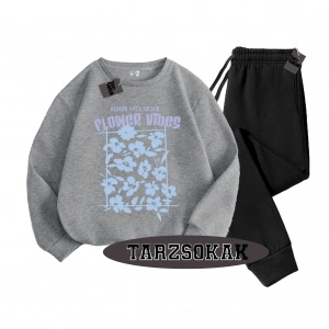 Siyah Kapşonlu Flower Detaylı ikili TAKIM