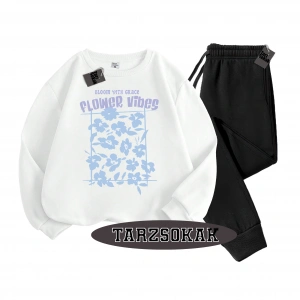 Siyah Kapşonlu Flower Detaylı ikili TAKIM