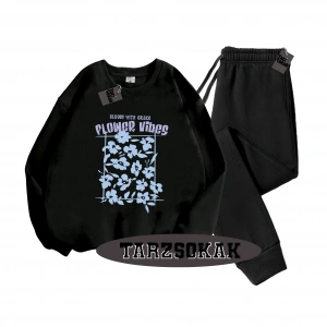 Siyah Kapşonlu Flower Detaylı ikili TAKIM