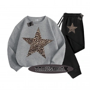 Siyah Kapşonlu Leopar Yıldız Detaylı ikili TAKIM