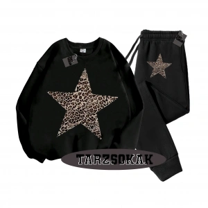 Siyah Kapşonlu Leopar Yıldız Detaylı ikili TAKIM