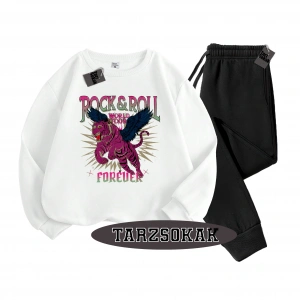 Siyah Kapşonlu RockRoll Detaylı ikili TAKIM