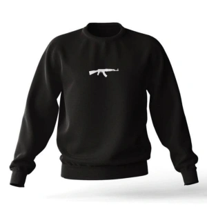 Siyah Kapşonsuz 0 Yaka Ak-47 Baskılı Pamuklu Unısex Oversıze Sweatshirt