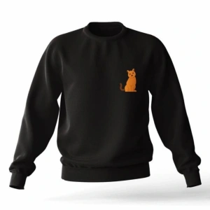 Siyah Kapşonsuz 0 Yaka Kedi Baskılı Pamuklu Unisex Sweatshirt