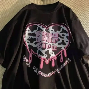 Siyah Karikatür Baskı Yaz Sevimli Kalp şeklinde Desen Harajuku