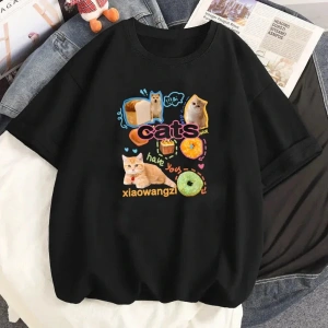 Siyah Karikatür i Sevimli Kedi Grafik Tee Köpek Baskı